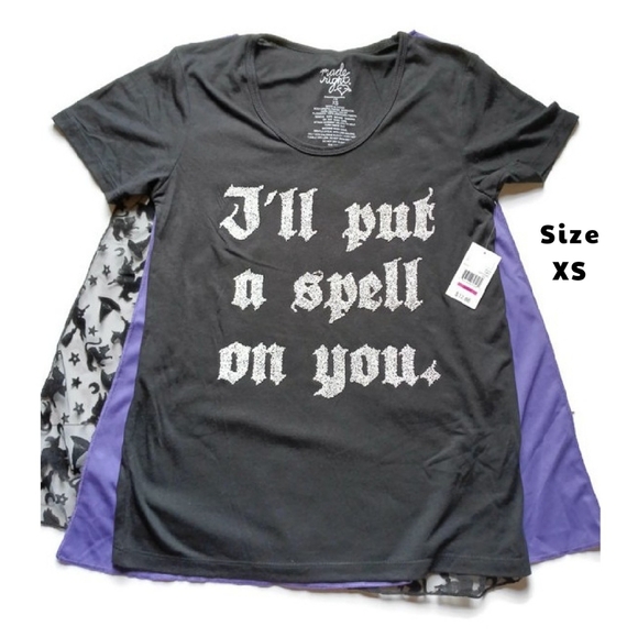 Black Purple I'll Put A Spell On You Halloween Tee With Mesh Witch Cape XS NEW - Picture 1 of 13